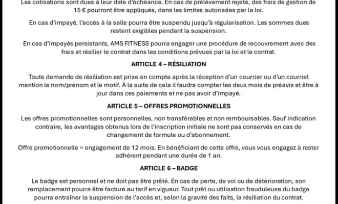 Règlement intérieur de la salle, Saint-André, AMS Fitness & Coaching