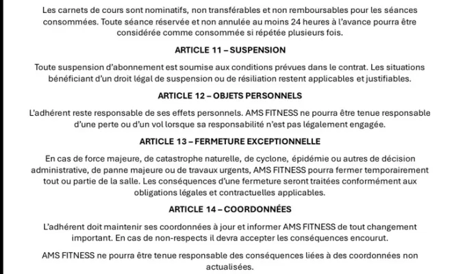Règlement intérieur de la salle, Saint-André, AMS Fitness & Coaching